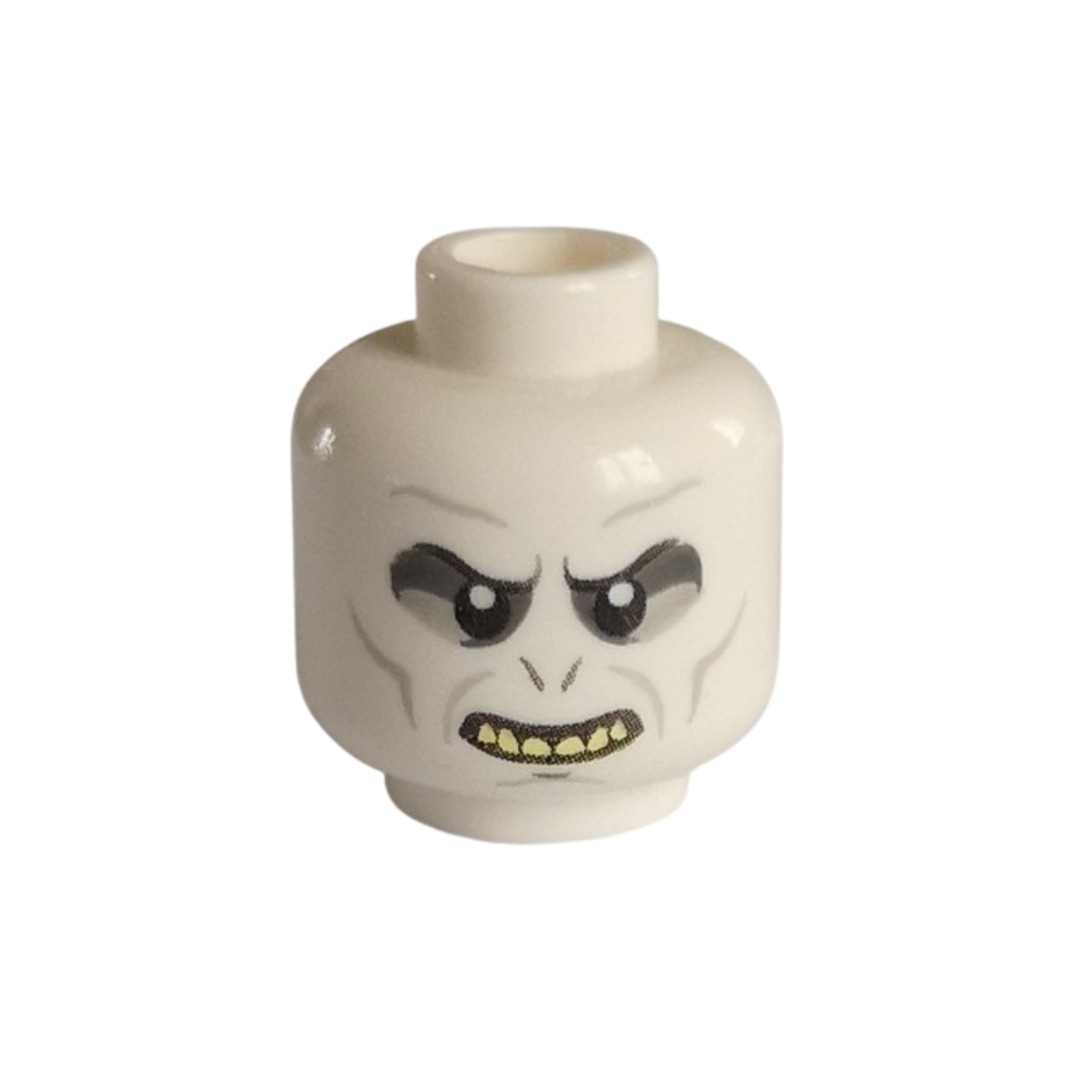 Head Alien with Large Upper Eyelids, Dark Bluish Gray and Light Bluish Gray Eye Shadow, Slit Nostrils, Cheek Lines and Chin Dimple, Open Mouth Smile with Bright Light Yellow Top Teeth Pattern - 3626pb0486