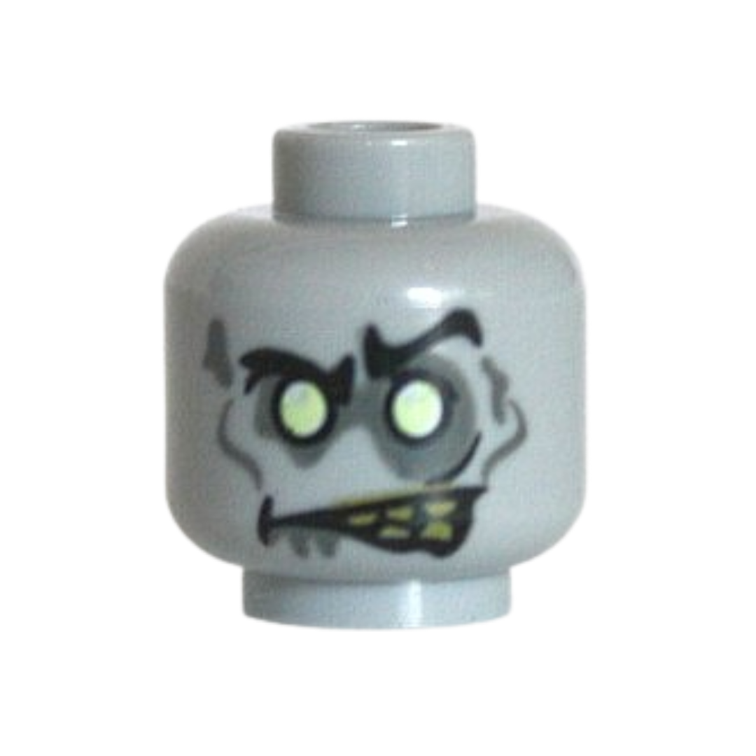 Head Alien Zombie with Black Eyebrows, Left Raised, Yellowish Green Eyes, Dark Bluish Gray Eye Shadow, Cheek Lines, Spots and Drool, Lopsided Open Mouth with Olive Green Teeth Pattern - 3626pb0766