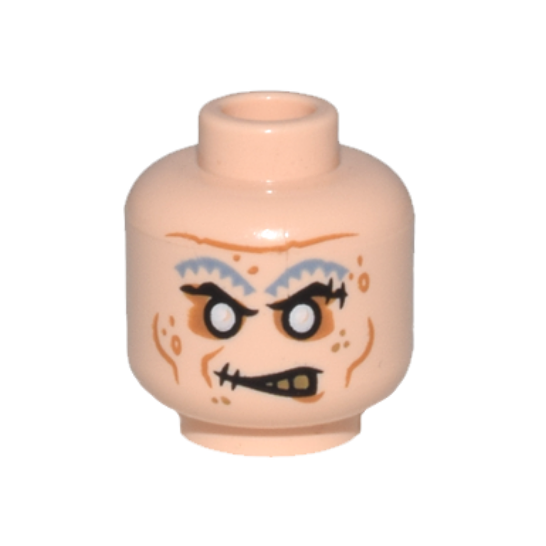 Head Alien Zombie with Sand Blue Eyebrows, Silver Eyes, Medium Nougat Eye Shadow, Cheek Lines and Spots, Lopsided Scowl with Dark Tan Teeth, Tattoos on Back Pattern - 3626pb0562