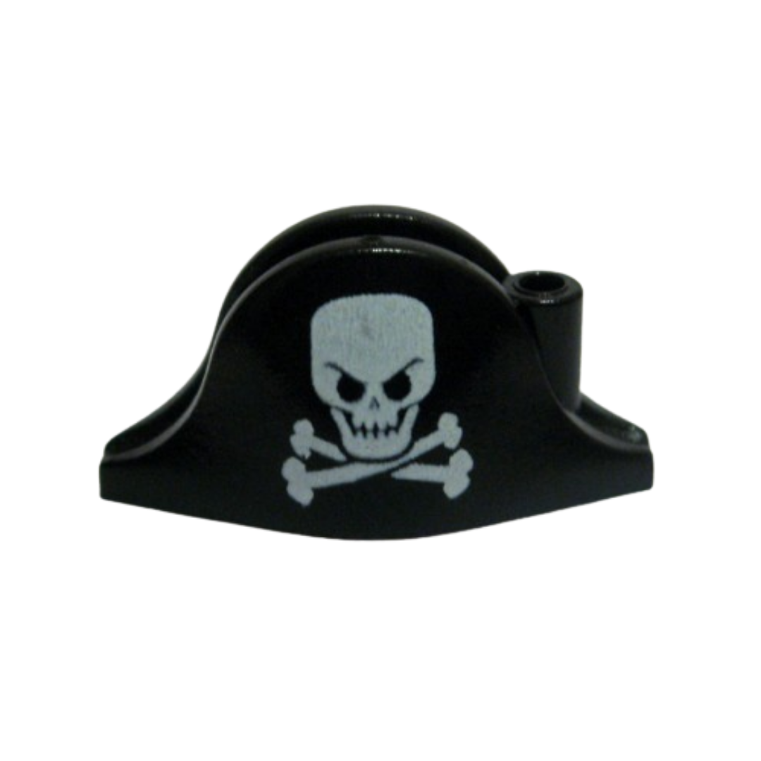 Black Minifigure, Headgear Hat, Pirate Bicorne with White Skull and Crossbones - 2528pb03