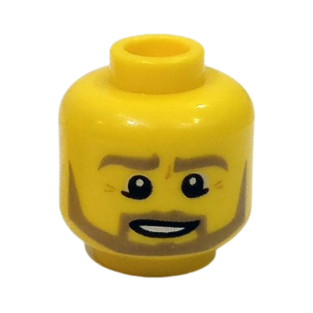 Head Dark Tan Eyebrows, Moustache and Angular Beard, Lower Eyelids, Medium Nougat Wrinkles, Lopsided Open Mouth Smile with Teeth and Top Lip Line Pattern - 3626pb0849