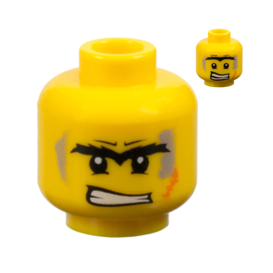 Head Dual Sided Black Bushy Unibrow, Lower Eyelids, Light Bluish Gray Dirt Stains, Orange Scar, Angry Bared Teeth / Scared Pattern - 3626pb0367