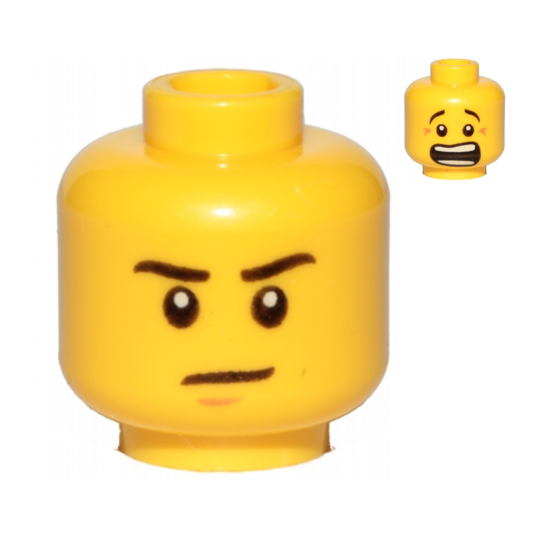 Head Dual Sided Black Eyebrows, Stern with Nougat Chin Dimple / Scared Open Mouth with Teeth Parted Pattern - 3626pb1337