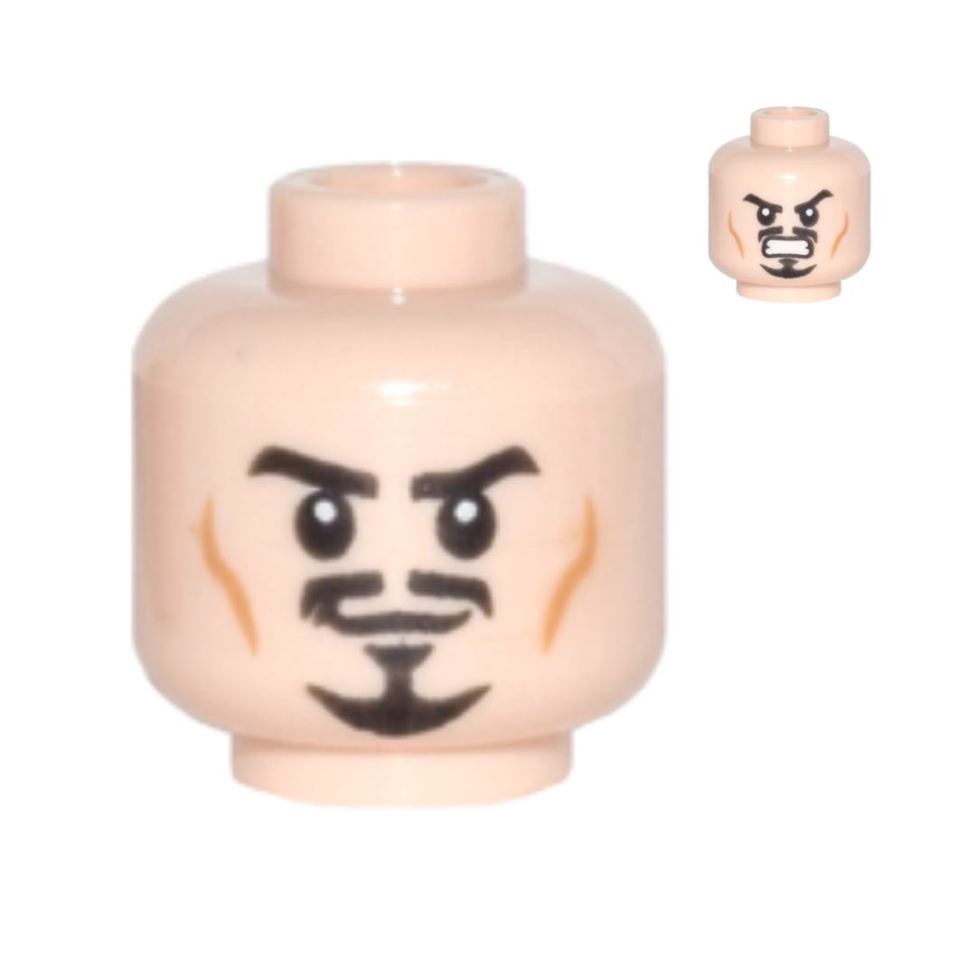 Head Dual Sided Black Eyebrows, Trimmed Moustache and Goatee, Medium Nougat Cheek Lines, Determined Grin / Angry Bared Teeth Pattern - 3626pb0705