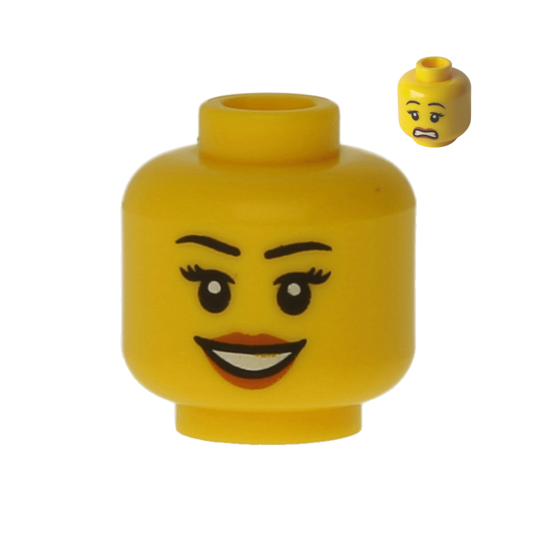 Head Dual Sided Female Black Eyebrows, Eyelashes, Dark Orange Lips, Open Mouth Smile with Teeth / Scared Pattern - 3626pb0940