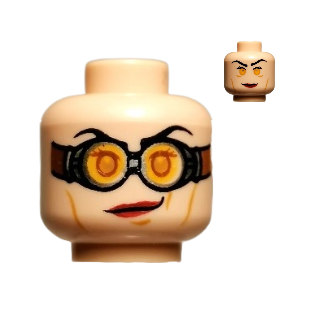 Head Dual Sided Female Black Long Eyebrows, Eyelashes, Medium Nougat Cheek Lines, Red Lips, Smirk, Chin Dimple and Silver Goggles with Reddish Brown Strap / Neutral and Bright Light Orange Eyes Pattern - 3626pb0489