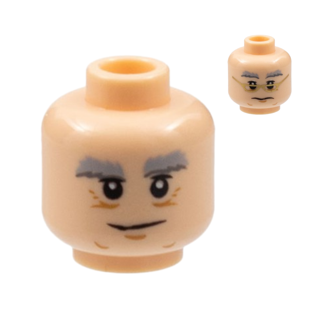 Head Dual Sided Light Bluish Gray and Dark Bluish Gray Bushy Eyebrows, Upper Eyelids, Medium Nougat Chin Dimple and Wrinkles, Wavy Neutral Mouth and Glasses with Gold Frames / Grin Pattern - 3626pb0485