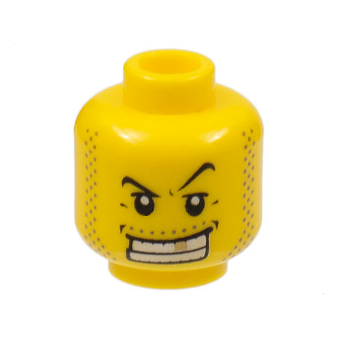 Head Male Black Thin Eyebrows, Upper Eyelids, Moustache and Sideburns Stubble, Wide Open Mouth Smile with Teeth and Gold Tooth Pattern - 3626pb0302