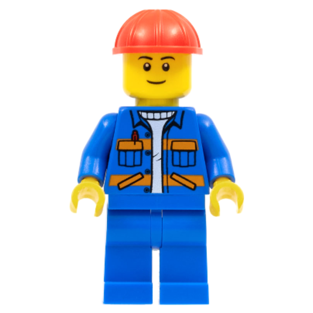 Blue jacket with diagonal lower pockets and orange stripes, construction helmet - CTY0889