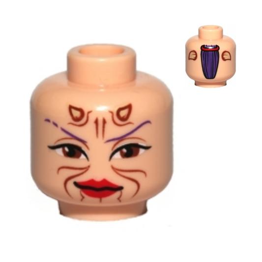 Head Alien with Dark Purple Thin Eyebrows, Large Reddish Brown Eyes, Horns and Markings, Red Lips, Grin, Ponytail on Back Pattern - 3626pb0554