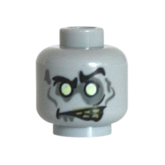 Head Alien Zombie with Black Eyebrows, Left Raised, Yellowish Green Eyes, Dark Bluish Gray Eye Shadow, Cheek Lines, Spots and Drool, Lopsided Open Mouth with Olive Green Teeth Pattern - 3626pb0766
