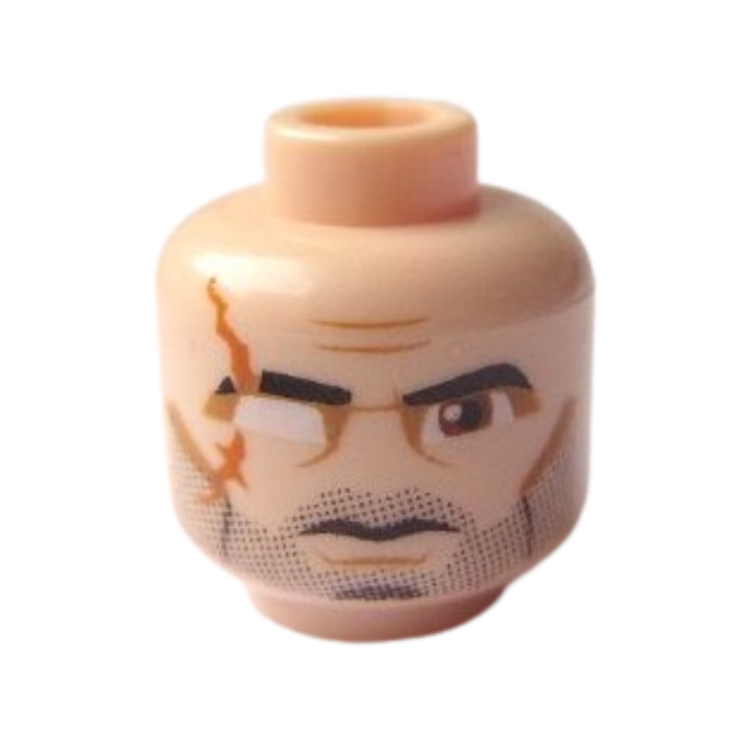 Head Black Thick Eyebrows and Beard Stubble, Large Reddish Brown Eyes, Dark Orange Scar, Nougat Eye Shadow, Cheek Lines and Chin Dimple, Furrowed Brow, Stern Pattern - 3626pb0623