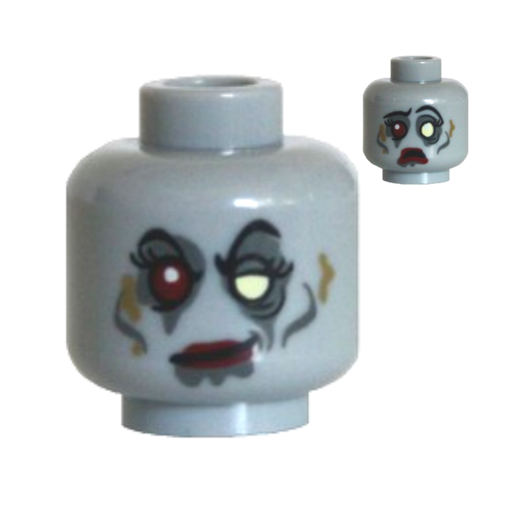 Head Dual Sided Alien Female Zombie with Black Eyebrows, Eyelashes, Dark Bluish Gray Eye Shadow, Cheek Lines and Drool, Bright Light Yellow Left Eye, Dark Red Right Eye and Lips, Dark Tan Dirt Stains, Sad Open Mouth Frown / Smirk Pattern - 3626pb0765