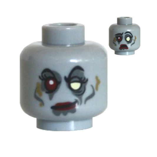 Head Dual Sided Alien Female Zombie with Black Eyebrows, Eyelashes, Dark Bluish Gray Eye Shadow, Cheek Lines and Drool, Bright Light Yellow Left Eye, Dark Red Right Eye and Lips, Dark Tan Dirt Stains, Sad Open Mouth Frown / Smirk Pattern - 3626pb0765