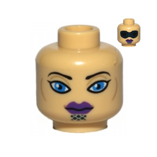 Head Dual Sided Alien with Black Thin Eyebrows, Single Eyelashes, Large Blue Eyes, Dark Blue Chin Markings, Dark Purple Lips, Neutral / Protective Eye Mask Pattern - 3626pb0528