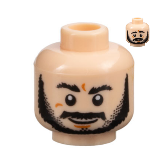 Head Dual Sided Black Bushy Eyebrows, Beard, and Moustache, Dark Orange Chin Dimple, Grin / Worried Pattern - 3626pb0418