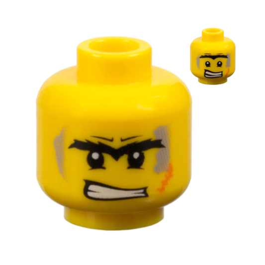 Head Dual Sided Black Bushy Unibrow, Lower Eyelids, Light Bluish Gray Dirt Stains, Orange Scar, Angry Bared Teeth / Scared Pattern - 3626pb0367