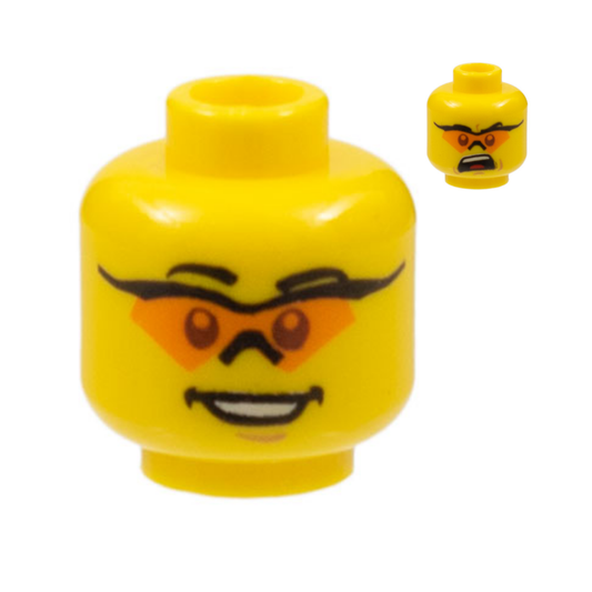 Head Dual Sided Black Eyebrows, Sunglasses with Single Orange Lens and Nose Piece, Medium Nougat Chin Dimple, Open Mouth Smile with Teeth / Angry Yell with Top Teeth and Red Tongue Pattern - 3626pb0583