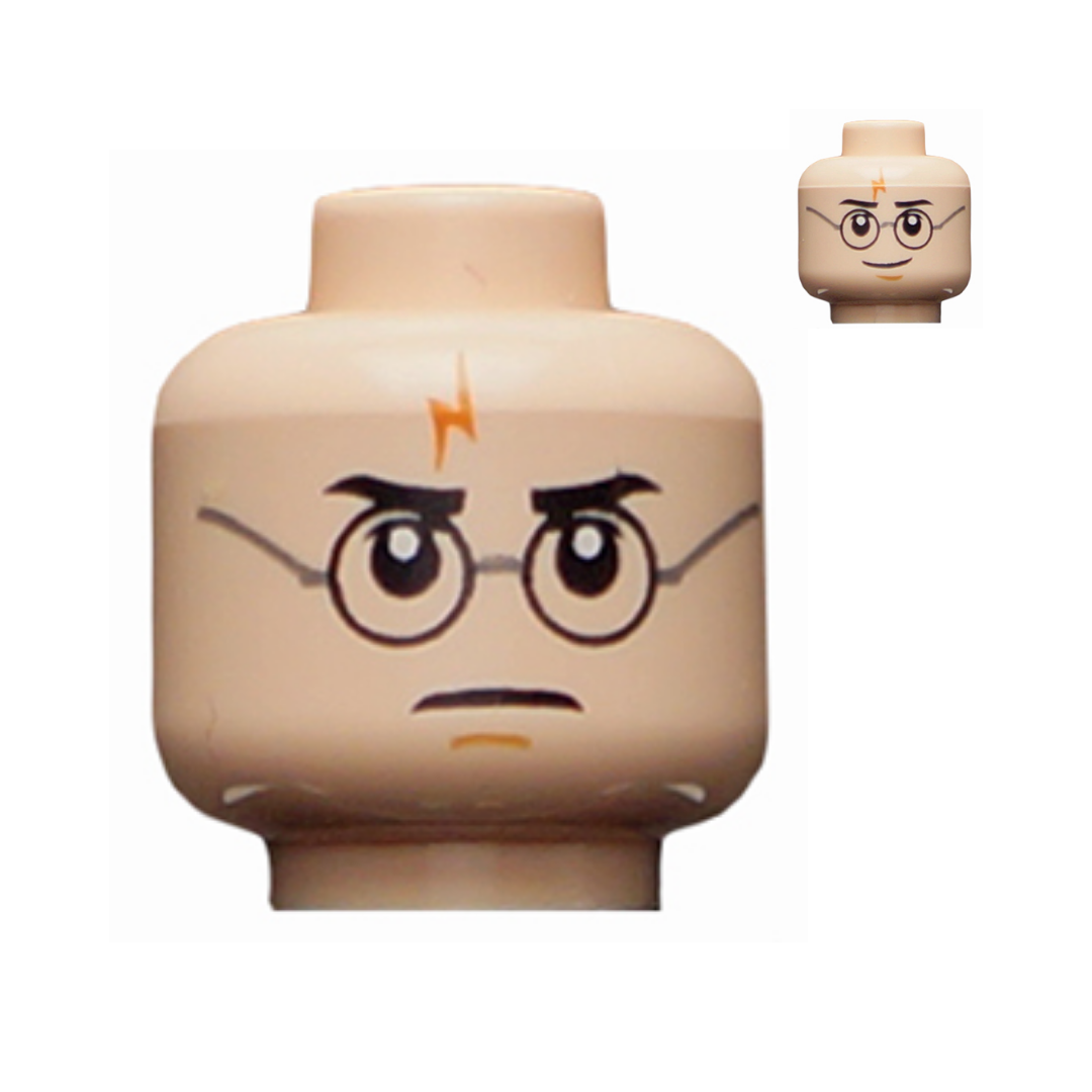 Head Dual Sided Black Eyebrows, Upper Eyelids, Round Glasses, Dark Orange Lightning Bolt Scar, Medium Nougat Chin Dimple, Angry Frown / Grin Pattern - 3626pb0475