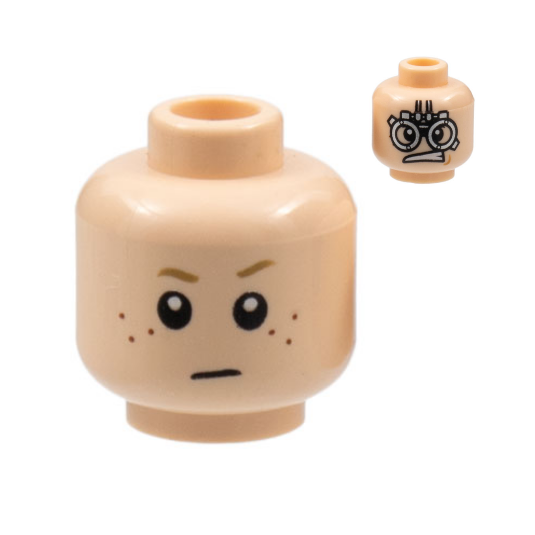Head Dual Sided Child Dark Tan Small Eyebrows, Reddish Brown Freckles, and Neutral / Silver Mechanical Goggles, Medium Nougat Dimple, and Lopsided Open Mouth Scowl with Teeth Pattern - 3626pb0624