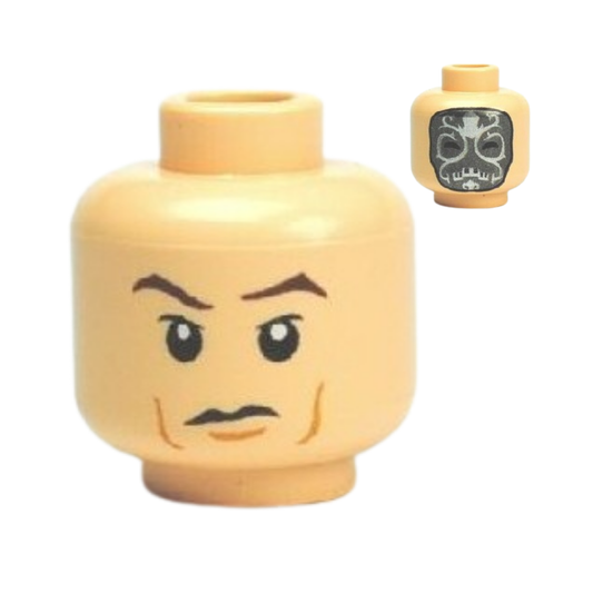 Head Dual Sided Dark Brown Eyebrows, Upper Eyelids, Medium Nougat Jowl Lines and Chin Dimple, Frown / Dark Silver Death Eater Mask with Silver Markings Pattern - 3626pb0488