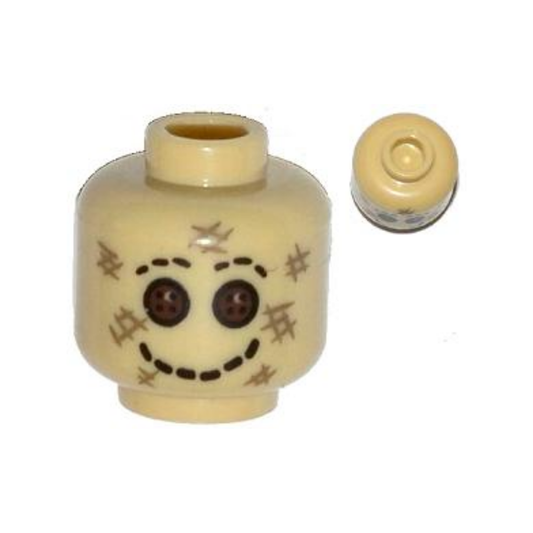 Head Alien Scarecrow with Dark Brown Button Eyes, Black Stitched Smile and Eyebrows, and Dark Tan Scratches Pattern - 3626pb0997