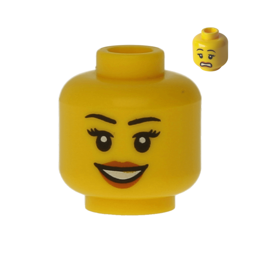 Head Dual Sided Female Black Eyebrows, Eyelashes, Dark Orange Lips, Open Mouth Smile with Teeth / Scared Pattern - 3626pb0940