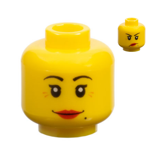 Head Dual Sided Female Black Thin Eyebrows, Single Eyelashes, Beauty Mark, Red Lips, Medium Nougat Wrinkles, Grin / Angry Lopsided Frown Pattern - 3626pb0366