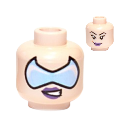Head Dual Sided Female Dark Purple Lips, Black Eyebrows, Eyelashes, Medium Nougat Dimple, Smirk / Bright Light Blue Visor, Lopsided Open Mouth Scowl with Teeth Pattern - 3626pb0645