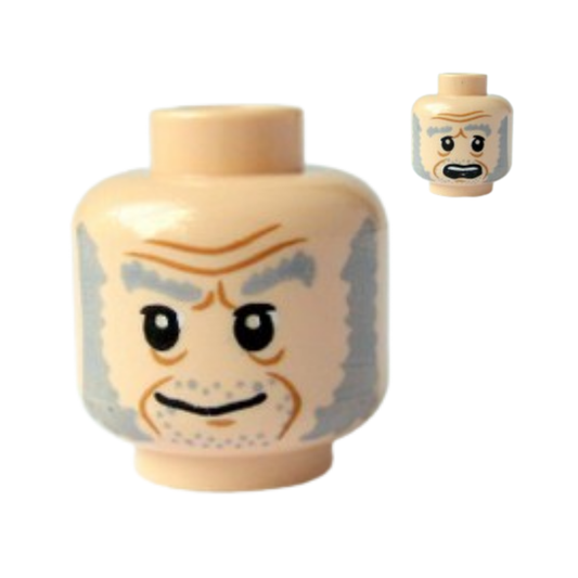 Head Dual Sided Light Bluish Gray Bushy Eyebrows, Mutton Chops and Stubble, Upper Eyelids, Medium Nougat Jowl Lines, Chin Dimple and Wrinkles, Furrowed Brow, Grin / Scared Open Mouth with Top Teeth Pattern - 3626pb0588