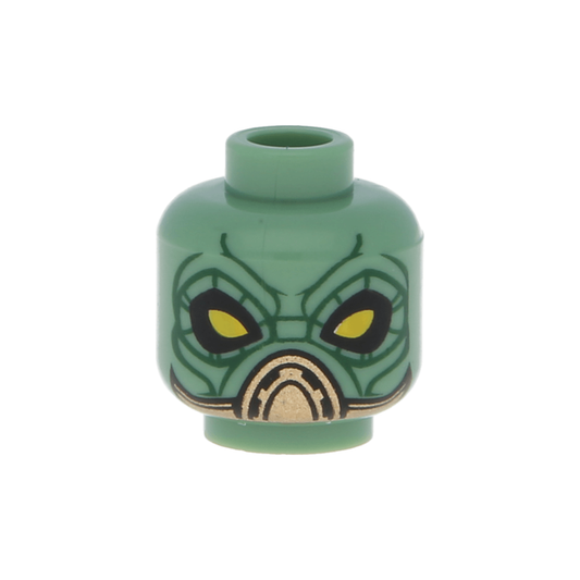 Head Alien SW Kyuzo with Large Yellow Eyes, Black Eye Shadow, Gold Mouth Cover, Dark Green Wrinkles and Lines on Back Pattern - 3626pb0552