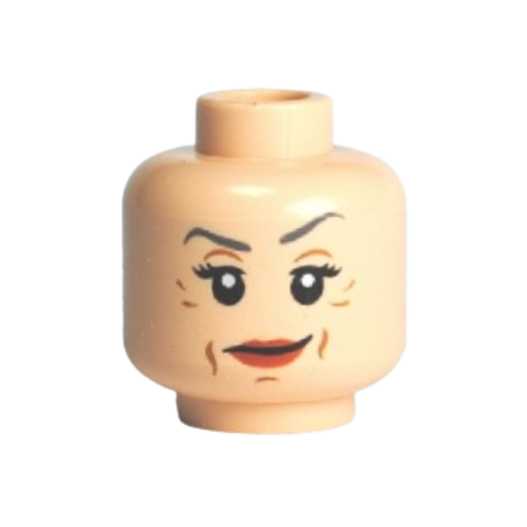 Head Female Dark Bluish Gray Thin Eyebrows, Left Raised, Black Eyelashes, Dark Orange Lips, Medium Nougat Jowl Lines, Chin Dimple and Wrinkles, Smirk Pattern - 3626pb0481