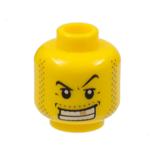 Head Male Black Thin Eyebrows, Upper Eyelids, Moustache and Sideburns Stubble, Wide Open Mouth Smile with Teeth and Gold Tooth Pattern - 3626pb0302