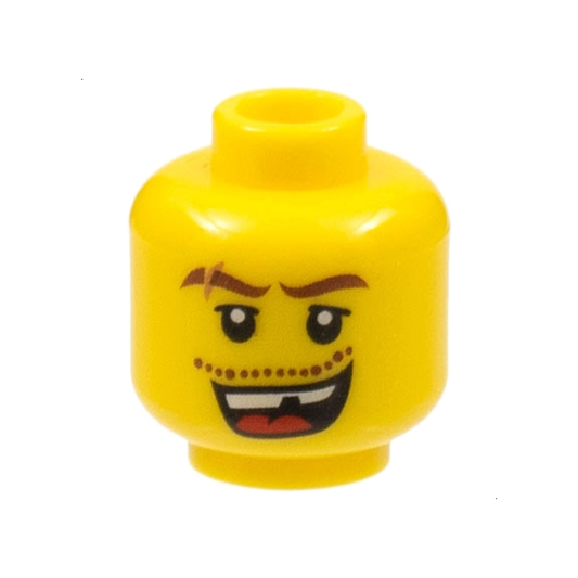 Head Reddish Brown Wavy Eyebrows with Scar, Upper Eyelids, Moustache Stubble, Open Mouth Smile with Top Teeth and Red Tongue, Missing Tooth Pattern - 3626pb0507